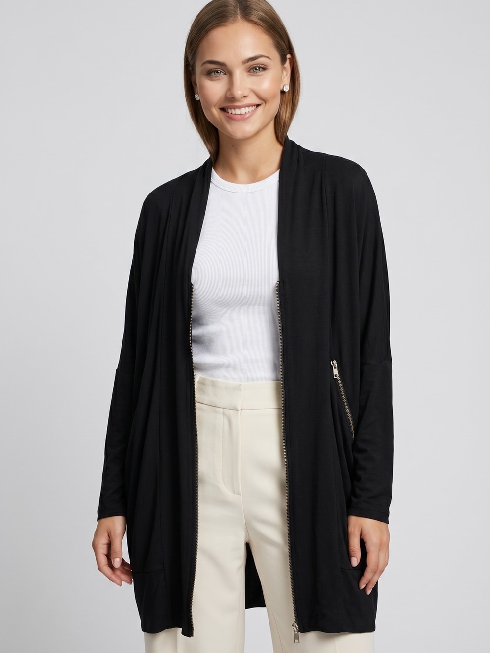 🌻Crea Concept Black Zip Front Duster Jacket Lagenlook Oversized EU 44 = US XL